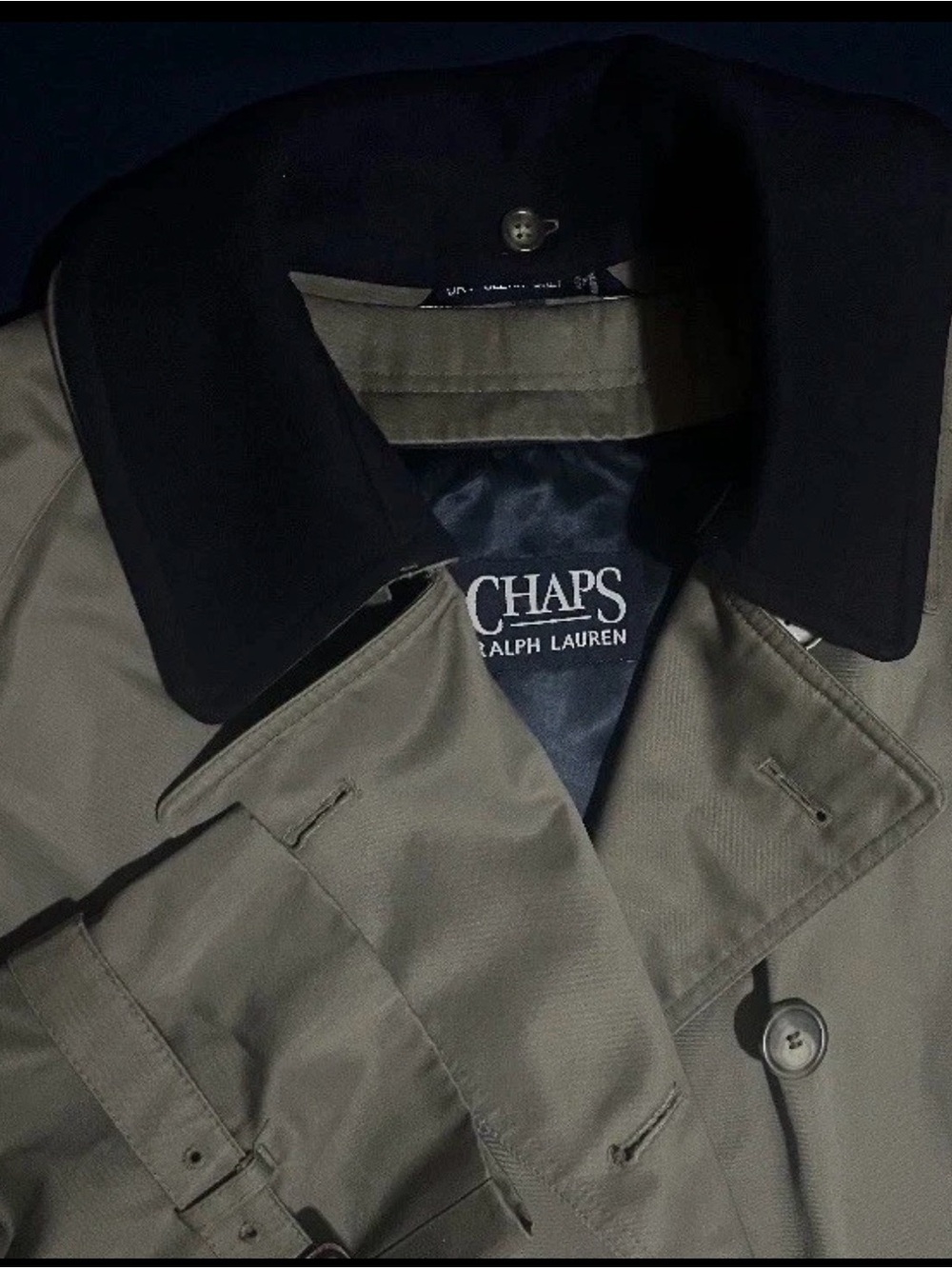 Chaps Men's Tan/Grey Trench Coat with Black Contrast Collar